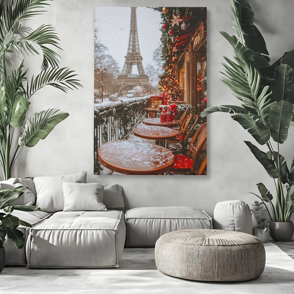 Tablou canvas cu tablou canvas cu turnul eiffel iarna, fara rama, pe sasiu de lemn, pe perete intr-un living
